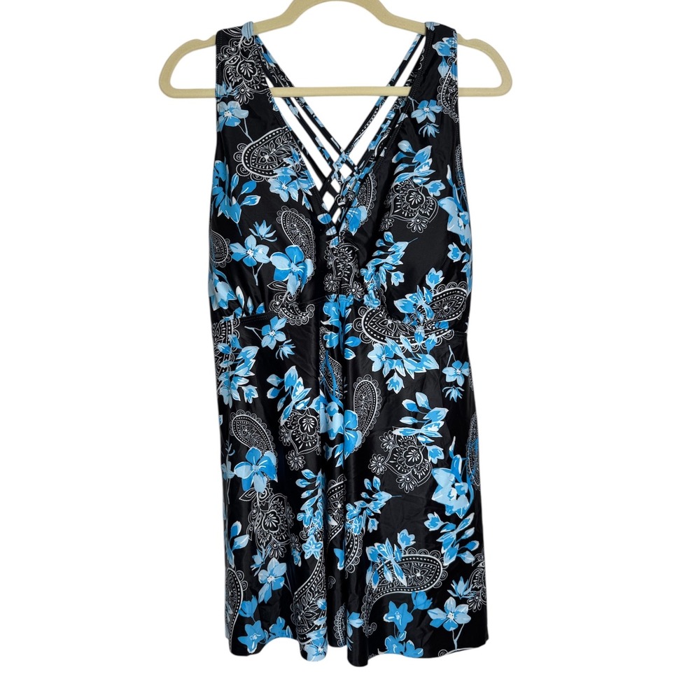 Aqua‎ Eve Black Blue Floral Paisley Criss Cross Strap Tankini Swim Top Plus 20W
